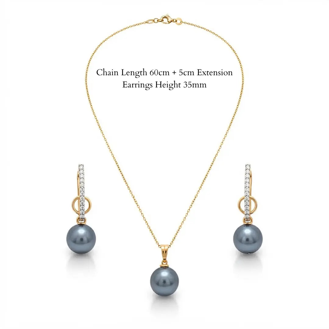 18K Gold Filled Hawaiian Pearl Necklace & Pavé CZ Earrings Set – 12mm High-Luster Pearl with 60cm Chain in Grey